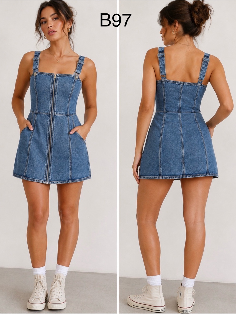 Forever 21 2YK Fashion Bodycone Women’s Denim Zip Front Mini Dress,Size Large